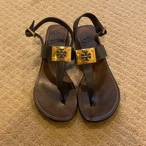 Tory Burch Navy Blue Thong Sandal with Gold Emblem